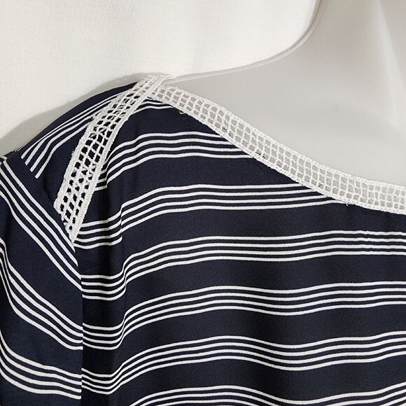 Ann Taylor LOFT Womens Top Medium Sheer White Navy Stripe Lace Trim Short Sleeve - Picture 6 of 10